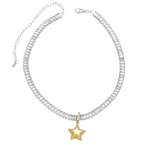 Tennis chain necklace with rectangle zircons and gold star pendant featuring radial texture