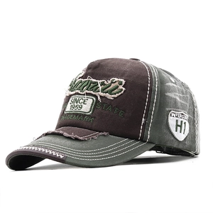 Vintage washed baseball cap in brown and green with Hawaii 3D embroidery and patchwork