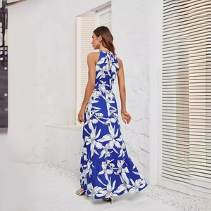 Robe longue fleurie bleue avec licou et dos nu pour les vacances d'été bohèmes