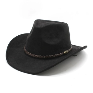 Klassischer schwarzer Cowboyhut aus Wildleder mit breiter Krempe und braunem Lederband