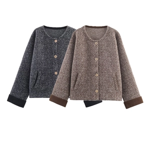 Women Knitted Cardigan Jacket Round Neck Loose Fit Retro Marled Knit Sweater With Wooden Star Buttons And Pockets