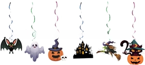 Detail of Halloween hanging swirls featuring bats, ghosts, and pumpkin motifs decoration