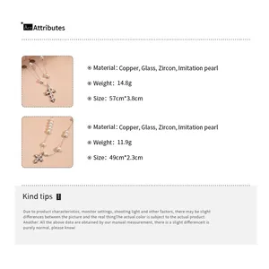 Size chart showing cross pendant necklace dimensions with zircon and pearl details