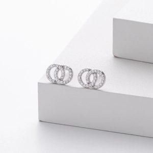 Interlocking double hoop stud earrings in S925 silver with sparkling zircon stones