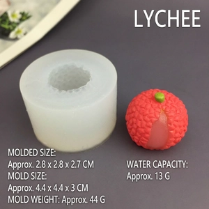 Detailed view of litchi silicone mold with finished resin fruit showing 2.8cm dimensions