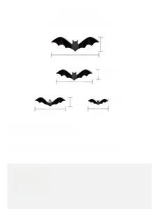 Size chart showing four different dimensions of black paper bat wall decorations for Halloween