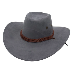Detailed macro view of dark grey suede cowboy hat with braided brown rope and metal vents