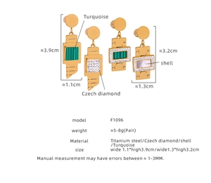 Detailed size and material specs for titanium steel geometric earrings in gold and green