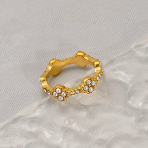 18K gold plated flower ring with white pearls and sparkling zircons for women