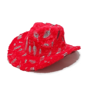 Red plush western cowboy hat with silver feather patterns for Christmas holiday party wear