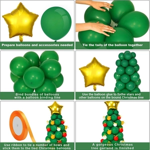Step-by-step assembly guide for a green Christmas balloon tree with gold star topper
