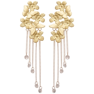 Elegant gold butterfly floral tassel earrings with hanging crystals on white background