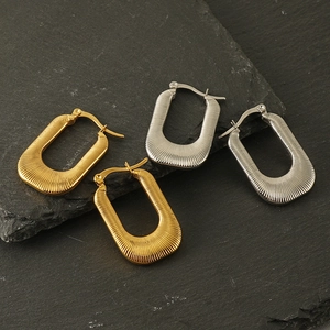 Textured U Shaped Hoop Earrings 18K Gold Plated Stainless Steel Geometric Ribbed Minimalist Fashion Jewelry For Women
