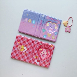 Cute cartoon photo card holder with heart window and bear charms in purple and red