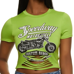 Neon green cropped T-shirt with vintage motorcycle print and distressed hem detail