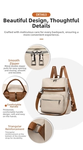 Detail of smooth zippers, reinforced handle and triangular stitching on cream faux leather backpack