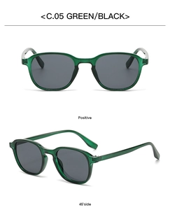 Front and side view of trendy dark green sunglasses with black lenses and glossy finish