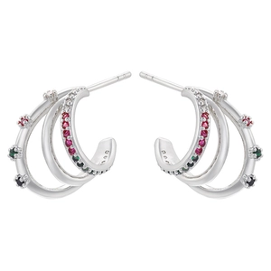 Three-layer C-shaped gold-plated stud earrings with colorful zircon gemstones