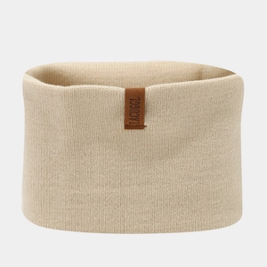 Detail of beige ribbed knit infinity scarf with embossed brown leather IACUGGL label tag
