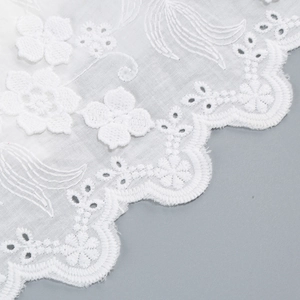 Detailed close-up of white embroidered lace fabric with delicate floral patterns and scalloped edges