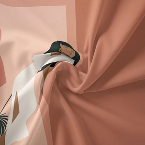 Detail of soft terracotta bohemian tapestry with abstract female illustration print
