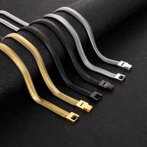 Flat snake bone chain necklace in gold, black, and silver steel with square clasp