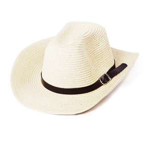 Classic cream straw cowboy sun hat with black leather belt band for outdoor summer protection