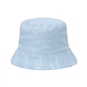 Light blue denim bucket hat with frayed tassel texture for outdoor sun protection