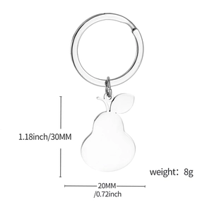 Pear-shaped metal keychain specifications showing 30mm size and 8g lightweight design