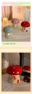 Detailed view of three ceramic mushroom lamps in red, pink, and green with glow holes