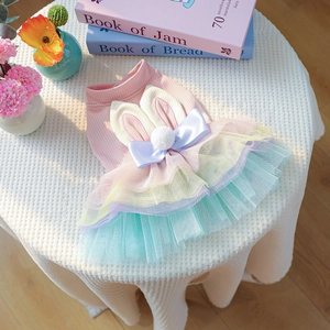 Cute pink dog dress with 3D bunny ears and colorful layered rainbow tulle skirt