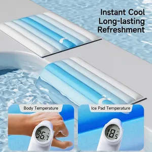 Cooling pet mat with blue stripes showing 18.5 degree temperature drop for summer comfort