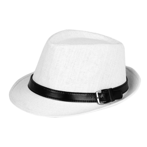 Detail of white straw fedora hat featuring a black leather band and silver buckle closure