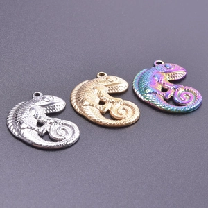 Detailed macro view of lizard-shaped stainless steel charms in gold, silver, and iridescent