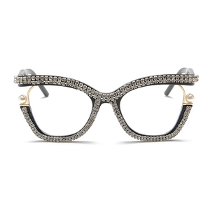 Cat eye glasses frames with diamonds and pearls, featuring anti-blue light metal lenses