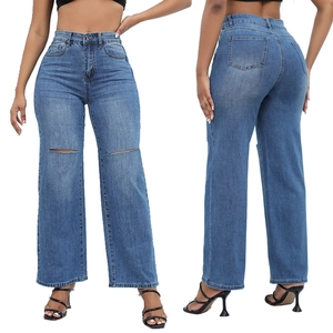 Detailed front and back view of straight-leg jeans with ripped knee design in washed blue
