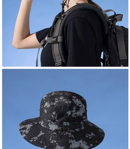 Detail of outdoor sun hat with adjustable chin strap and breathable metal eyelets