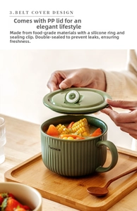 Detail of green ceramic noodle bowl with textured vertical stripes and timer lid