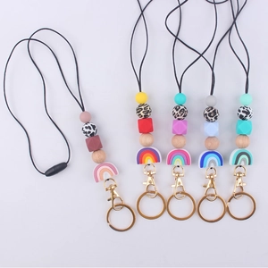 Handmade Silicone Beaded Lanyard Keychain Rainbow Pendant ID Badge Holder Beaded Neck Strap For Women Key Accessories