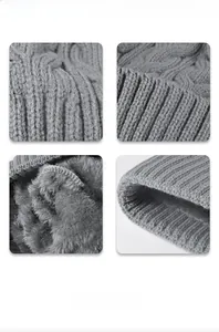 Detail shots of grey outdoor beanie showing chunky knit texture and warm plush lining