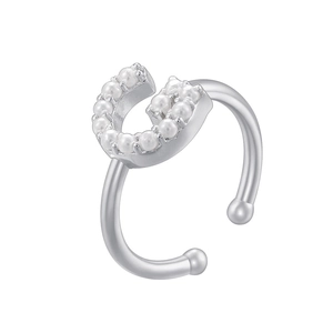 U-shaped silver ring with small white pearls and adjustable open band design