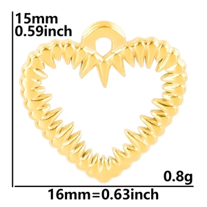Detailed size view of a 15mm golden heart pendant with a unique serrated edge design