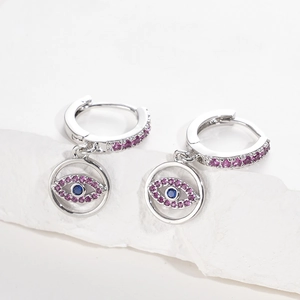 Evil eye hoop earrings in silver stainless steel with pink and blue zircon crystals