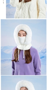 Detail of white winter hooded scarf with faux fur trim and adjustable drawstrings