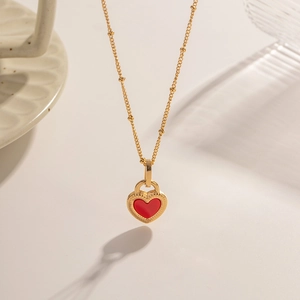 French vintage 18K gold plated stainless steel necklace with red heart pendant