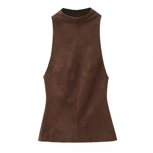 Top Mujer Gamuza Sintética Cuello Alto Sin Mangas Slim Fit Cremallera Trasera Color Sólido Minimalista Elegante Streetwear