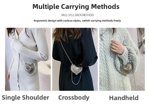 Detail view of heart-shaped silver metal mini bag with versatile chain strap options