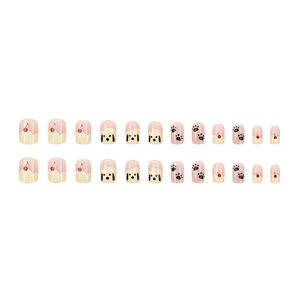 Cute cherry puppy press-on nails in nude pink and cream yellow, 24-piece short round set