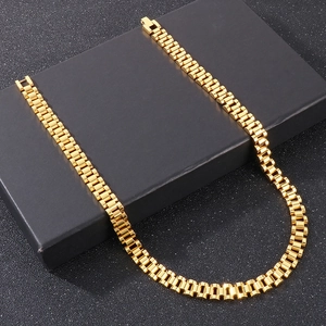 Polished 10mm golden stainless steel watch band style chain necklace on display box
