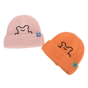 Pink and orange rib-knit beanies with bear embroidery and fashion woven label